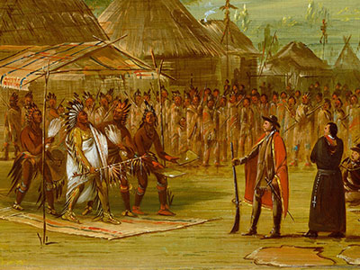 A historical painting depicts a meeting between indigenous people and European settlers in a village setting. A group of indigenous leaders in traditional clothing and feathered headdresses interacts with two settlers, one holding a document.